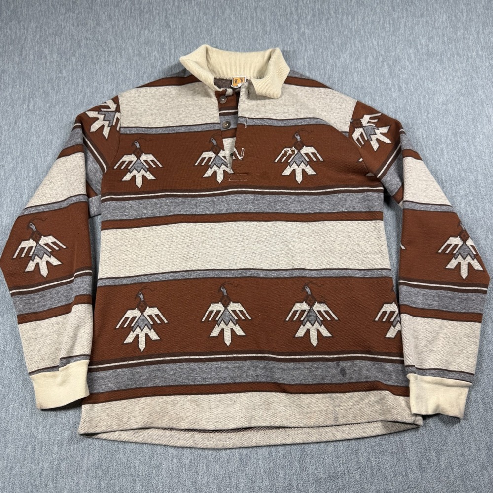 Hang Ten Sweater Men L Brown Thunderbird Native Pattern Knit Quarter Button Polo